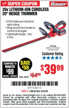 Harbor Freight Coupon BAUER 20 VOLT LITHIUM CORDLESS 20" HEDGE TRIMMER Lot No. 64941 Expired: 3/22/20 - $39.99