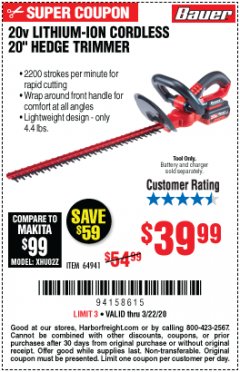 Harbor Freight Coupon BAUER 20V CORDLESS HEDGE TRIMMER – TOOL ONLY Lot No. 64941 Expired: 3/22/20 - $39.99
