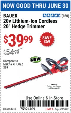 Harbor Freight Coupon BAUER 20 VOLT LITHIUM CORDLESS 20" HEDGE TRIMMER Lot No. 64941 Expired: 6/30/20 - $39.99