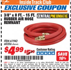 Harbor Freight ITC Coupon 3/8" x 8 FT. - 15 FT. RUBBER AIR HOSE REMNANT Lot No. 54147/61942/60356 Expired: 10/31/18 - $4.99