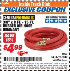 Harbor Freight ITC Coupon 3/8" x 8 FT. - 15 FT. RUBBER AIR HOSE REMNANT Lot No. 54147/61942/60356 Expired: 5/31/19 - $4.99