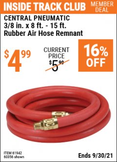 Harbor Freight ITC Coupon 3/8" x 8 FT. - 15 FT. RUBBER AIR HOSE REMNANT Lot No. 54147/61942/60356 Expired: 9/30/21 - $4.99