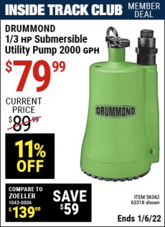 Harbor Freight ITC Coupon 1/3 HP SUBMERSIBLE UTILITY PUMP Lot No. 56362/63318 Expired: 1/6/22 - $79.99