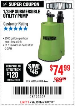 Harbor Freight Coupon 1/3 HP SUBMERSIBLE UTILITY PUMP Lot No. 56362/63318 Expired: 9/22/19 - $74.99