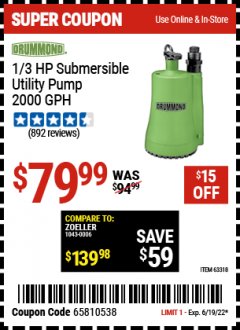 Harbor Freight Coupon 1/3 HP SUBMERSIBLE UTILITY PUMP Lot No. 56362/63318 Expired: 6/19/22 - $79.99
