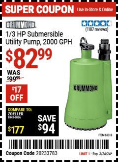 Harbor Freight Coupon 1/3 HP SUBMERSIBLE UTILITY PUMP Lot No. 56362/63318 Expired: 3/24/24 - $82.99