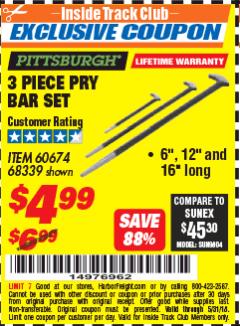 Harbor Freight ITC Coupon 3 PIECE PRY BAR SET Lot No. 60674/68339 Expired: 5/31/18 - $4.99