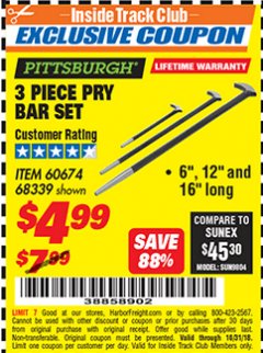 Harbor Freight ITC Coupon 3 PIECE PRY BAR SET Lot No. 60674/68339 Expired: 10/31/18 - $4.99