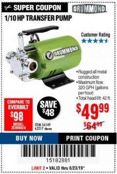 Harbor Freight Coupon 1/10 HP TRANSFER PUMP Lot No. 56149/63317 Expired: 6/23/19 - $49.99