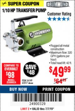 Harbor Freight Coupon 1/10 HP TRANSFER PUMP Lot No. 56149/63317 Expired: 7/7/19 - $49.99