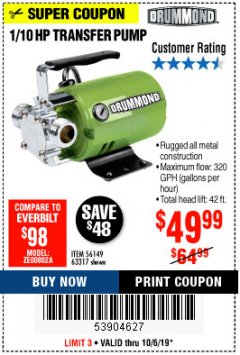 Harbor Freight Coupon 1/10 HP TRANSFER PUMP Lot No. 56149/63317 Expired: 10/6/19 - $49.99
