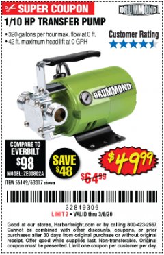 Harbor Freight Coupon 1/10 HP TRANSFER PUMP Lot No. 56149/63317 Expired: 2/8/20 - $49.99