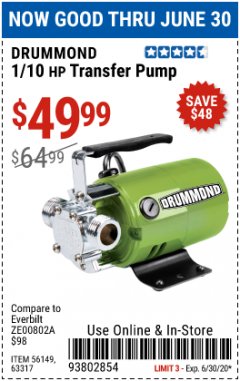Harbor Freight Coupon 1/10 HP TRANSFER PUMP Lot No. 56149/63317 Expired: 6/30/20 - $49.99