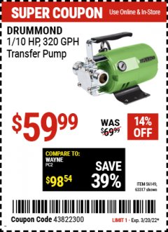 Harbor Freight Coupon 1/10 HP TRANSFER PUMP Lot No. 56149/63317 Expired: 3/20/22 - $59.99