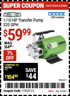 Harbor Freight Coupon 1/10 HP TRANSFER PUMP Lot No. 56149/63317 Expired: 3/7/24 - $59.99