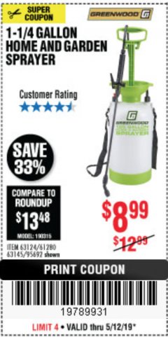 Harbor Freight Coupon 1-1/4 GALLON HOME AND GARDEN SPAYER Lot No. 63124/61280/63145/95692 Expired: 5/12/19 - $8.99