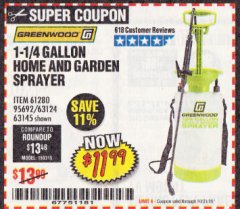 Harbor Freight Coupon 1-1/4 GALLON HOME AND GARDEN SPAYER Lot No. 63124/61280/63145/95692 Expired: 10/31/19 - $11.99