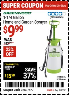 Harbor Freight Coupon 1-1/4 GALLON HOME AND GARDEN SPAYER Lot No. 63124/61280/63145/95692 Expired: 6/1/23 - $9.99