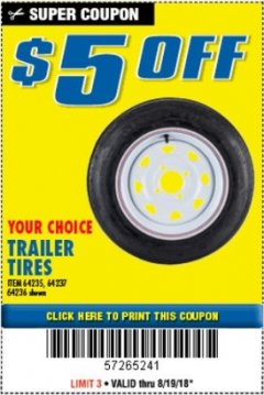 Harbor Freight Coupon 4.80-8 IN. TIRE WITH 4 LUG RIM LOAD B Lot No. 64237 Expired: 8/19/18 - $5