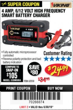 Harbor Freight Coupon 4 AMP FULLY AUTOMATIC MICROPROCESSOR CONTROLLED BATTERY CHARGER/MAINTAINER Lot No. 63350 Expired: 6/30/19 - $24.99
