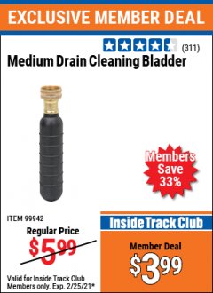 Harbor Freight ITC Coupon MEDIUM DRAIN CLEANING BLADDER Lot No. 99942 Expired: 2/25/21 - $3.99