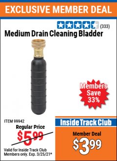 Harbor Freight ITC Coupon MEDIUM DRAIN CLEANING BLADDER Lot No. 99942 Expired: 3/25/21 - $3.99