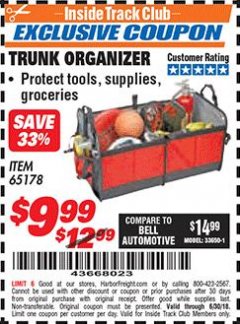 Harbor Freight ITC Coupon TRUNK ORGANIZER Lot No. 65178 Expired: 6/30/18 - $9.99