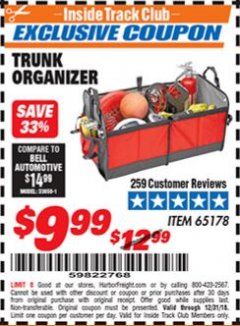 Harbor Freight ITC Coupon TRUNK ORGANIZER Lot No. 65178 Expired: 12/31/18 - $9.99