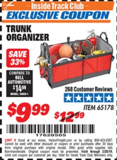 Harbor Freight ITC Coupon TRUNK ORGANIZER Lot No. 65178 Expired: 2/28/19 - $9.99