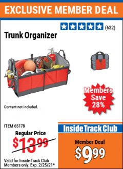 Harbor Freight ITC Coupon TRUNK ORGANIZER Lot No. 65178 Expired: 2/25/21 - $9.99