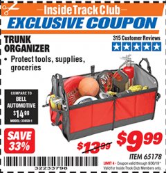 Harbor Freight ITC Coupon TRUNK ORGANIZER Lot No. 65178 Expired: 9/30/19 - $9.99