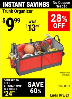 Harbor Freight Coupon TRUNK ORGANIZER Lot No. 65178 Expired: 8/5/21 - $9.99