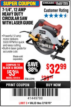 Harbor Freight Coupon 7-1/4" WORM DRIVE PROFESSIONAL INDUSTRIAL FRAMING SAW Lot No. 68988 Expired: 2/18/19 - $32.99