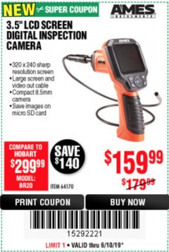 Harbor Freight Coupon 3.5" DIGITAL INSPECTION CAMERA WITH RECORDER Lot No. 64170 Expired: 6/10/19 - $159.99