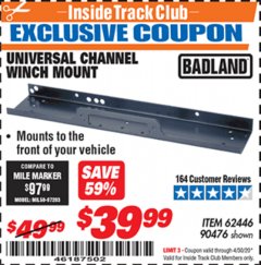 Harbor Freight ITC Coupon UNIVERSAL CHANNEL WINCH MOUNT Lot No. 62446/90476 Expired: 4/30/20 - $39.99