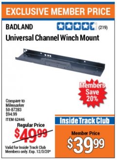 Harbor Freight ITC Coupon UNIVERSAL CHANNEL WINCH MOUNT Lot No. 62446/90476 Expired: 12/2/20 - $39.99