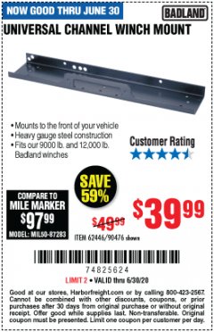 Harbor Freight Coupon UNIVERSAL CHANNEL WINCH MOUNT Lot No. 62446/90476 Expired: 6/30/20 - $39.99