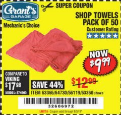 Harbor Freight Coupon SHOP TOWELS, PACK OF 50 Lot No. 63365 Expired: 9/3/19 - $9.99