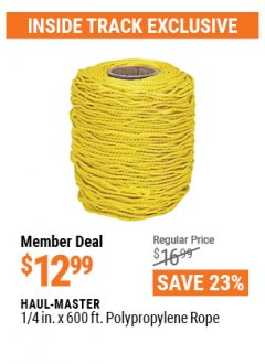 Harbor Freight ITC Coupon 1/4" X 600 FT. POLYPROPYLENE ROPE Lot No. 47836/62751 Expired: 4/29/21 - $12.99