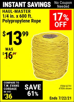 Harbor Freight Coupon 1/4" X 600 FT. POLYPROPYLENE ROPE Lot No. 47836/62751 Expired: 7/22/21 - $13.99