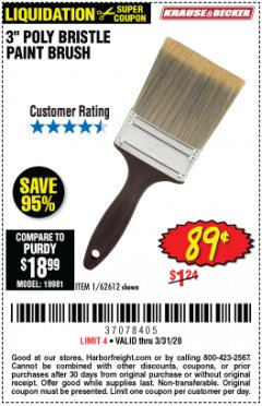 Harbor Freight Coupon 3" POLY BRISTLE PAINT BRUSH Lot No. 39688/62612 Expired: 3/31/20 - $0.89