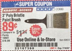 Harbor Freight Coupon 3" POLY BRISTLE PAINT BRUSH Lot No. 39688/62612 Expired: 7/18/20 - $0.89
