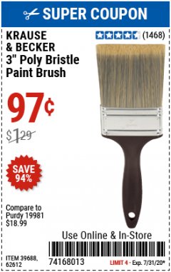 Harbor Freight Coupon 3" POLY BRISTLE PAINT BRUSH Lot No. 39688/62612 Expired: 7/15/20 - $0.97