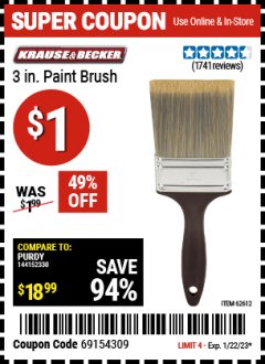 Harbor Freight Coupon 3" POLY BRISTLE PAINT BRUSH Lot No. 39688/62612 Expired: 1/6/22 - $0.01