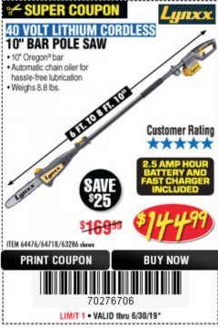 Harbor Freight Coupon 10" BAR POLE SAW Lot No. 64476/64718/63286 Expired: 6/30/19 - $144.99