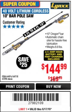 Harbor Freight Coupon 10" BAR POLE SAW Lot No. 64476/64718/63286 Expired: 6/17/19 - $144.99