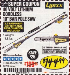 Harbor Freight Coupon 10" BAR POLE SAW Lot No. 64476/64718/63286 Expired: 6/30/19 - $144.99
