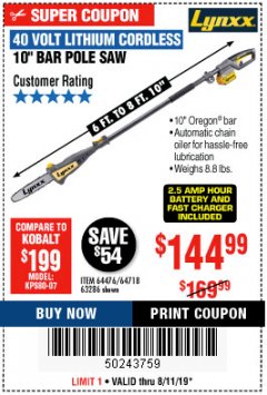 Harbor Freight Coupon 10" BAR POLE SAW Lot No. 64476/64718/63286 Expired: 8/11/19 - $144.99
