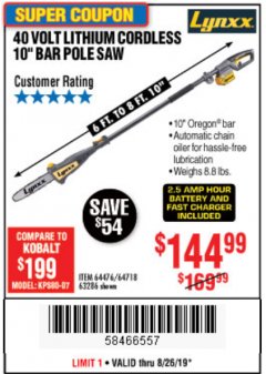 Harbor Freight Coupon 10" BAR POLE SAW Lot No. 64476/64718/63286 Expired: 8/26/19 - $144.99