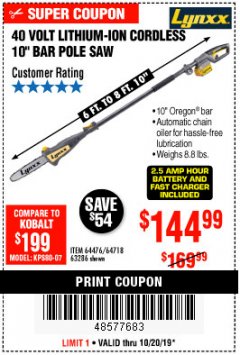 Harbor Freight Coupon 10" BAR POLE SAW Lot No. 64476/64718/63286 Expired: 10/20/19 - $144.99